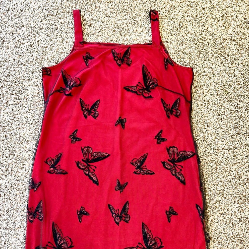 Vintage 90’s Butterfly Long Dress Women’s Size XL Red/Black Sleeveless Lined USA